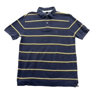 Tommy Hilfiger Mens Navy Blue Yellow Striped Short Sleeve Polo Shirt Custom XL